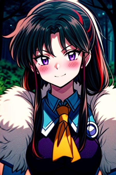 masterpiece,  best quality 1girl Setsun4 solo long hair,  (night time) forest background black hair very long hair purple eyes multicolored hair armor (fur trim) (medium body),<lora:EMS-179-EMS:0.800000>,<lora:EMS-293862-EMS:0.800000> bow, hair_bow, hair_tubes, red_bow, brown_hair, long_hair, bangs, ascot, frilled_bow, yellow_ascot, blush, smile, hair_between_eyes, athletic