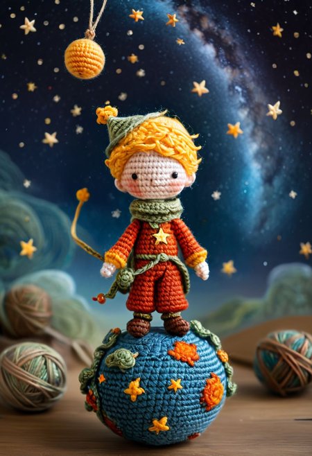 the little prince standing on small planet in starry sky, by saint exupery, crocheted style