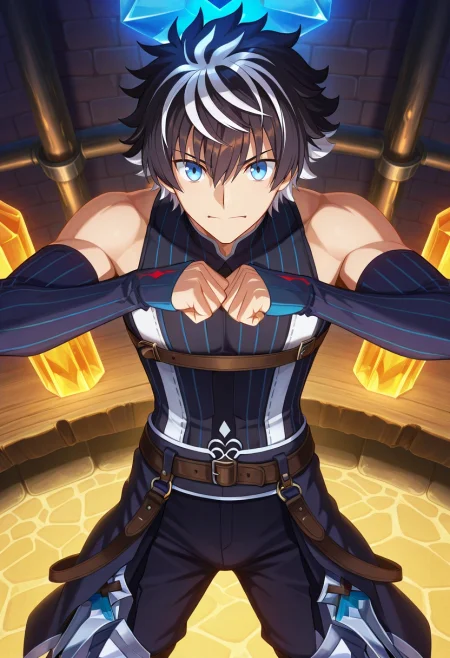 masterpiece, best quality, , anime screencap, anime coloring, official style, looking at viewer, 1boy, solo, male focus, <lora:charlemagne_fate_ilxl:0.96>, charlemagne_fate, black hair, blue eyes, multicolored hair, white hair, two-tone hair, short hair, hair between eyes, bangs, streaked hair, , crystal forge, gem anvils, light furnaces, crafting stations, smithing pose, intense expression, forge lighting, Herringbone Board pants, Mosaic Dark brown Sateen Striped Henley shirt, , ,