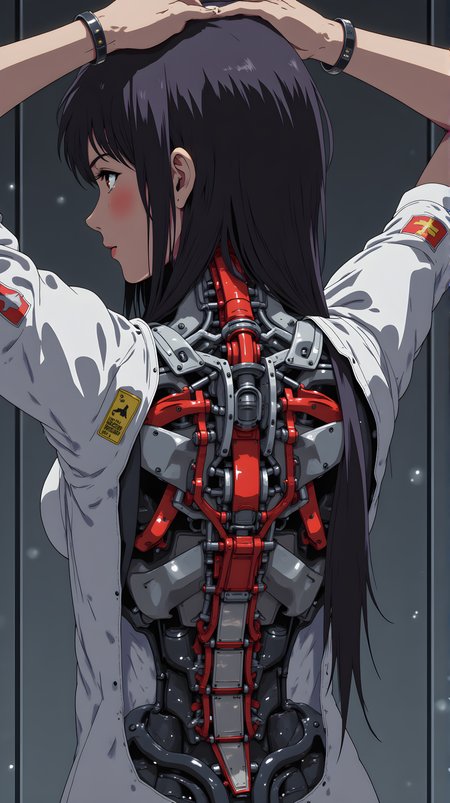 an anime-style character with long black hair is shown from the back her head is slightly tilted to the side revealing a complex mechanical structure where her neck and upper spine should be this structure includes red and silver components that resemble a robotic or cybernetic enhancement she is wearing a white outfit with some details like patches and labels visible on the sleeve the background is dark and out of focus drawing attention to the intricate design of the mechanical parts and the contrast between the organic human features and the artificial enhancements
j_art, anime, anime art, <lora:FLUX\jul\J_Anime:1.0>, <lora:FLUX\Anime Art V3:0.1>, <lora:FLUX\RM_Artistify_v1.0M:0.1>, <lora:FLUX\RetroAnimeS1.1:0.1>