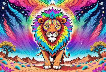 A huge incredible lion is walking along the colorful psychedelic dunes of ((desert)). the lion's mane shimmers with all the colors of the rainbow. it feels like a lion is burning with a multicolored flame. background: a black night with rare large stars. the inscription on the picture: "Graógramán" (the whole picture resembles an acid trip. front view)