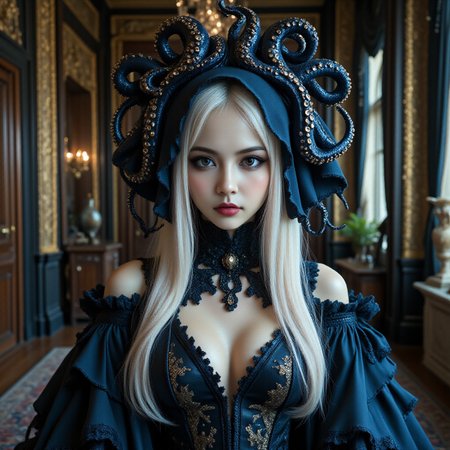 (Zhan Yihung V2:1.9),
A portrait of an elegant,pale woman with OctopusHat white hair and dark eyes,wearing attire inspired by the sea and adorned with octopus tentacles that wrap around her head like a headdress,set in a luxurious palace room. The style is hyper-realistic photography,blending gothic horror elements with fantasy. The color palette includes deep blues,black tones,and golden accents.,
<lora:Zhan_Yihung_v2:1.5>,<lora:midjourney_whisper_flux_lora_v01:0.5>,<lora:Ars_MidJourney_Watercolor:0.1>,<lora:Fiatist_Skin:0.1>,<lora:Octopus_Hat:1>,