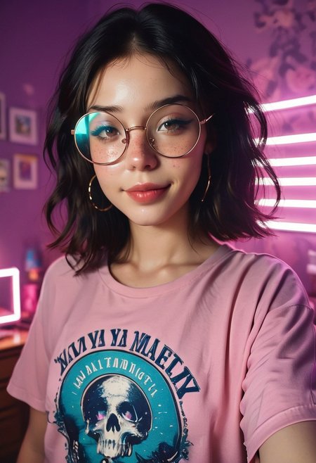 ((((score_9), score_8_up), score_7_up), score_6_up),, skindentation, photorealism, hyper-realistic, highest quality, masterpiece, immaculate, gorgeous, score_9, score_8_up, score_7_up, score_6_up, (masterpiece, best quality, high quality, highres, ultra-detailed), , dim light, dramatic lighting, extreme detailed skin, detialed score_9, score_8_up, score_7_up, score_6_up, highlight on body, detailed textures, skin pores dappled lighting, god rays, volumetric lighting, score_9, score_8_up, score_7_up, detailed textures, skin pores, 
 dynamic angle, dark magenta background, oil painted background, abstract background,, masterpiece, extreme details neon lights, 1girl, 20 year old, freckles, round glasses, gorgeous girl, ,  instagram model, sexy, lifting shirt, shirt lift, pulling shirt up, showing tits, small tits, small breast,  pink t-shirt, lifting shirt up, flashing boobs,  horny look, confident, seductive  smile, 
selfie, good lighting,  bedroom, well lit room,