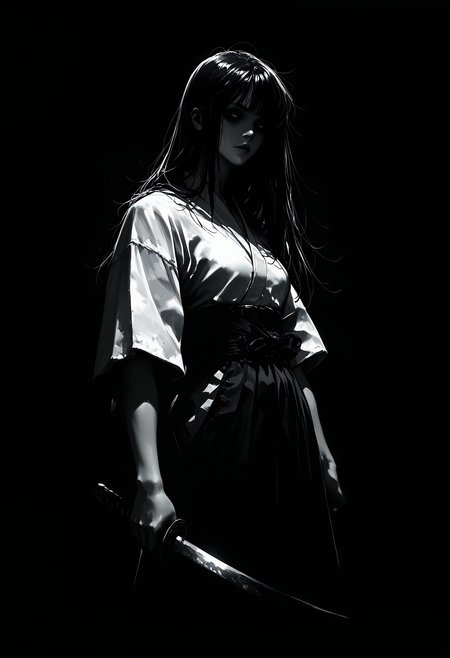 masterpiece, best quality, good quality, very awa, very aesthetic, absurdres, newest, 1girl, solo, long_hair, simple_background, skirt, holding, monochrome, weapon, greyscale, japanese_clothes, sword, kimono, holding_weapon, holding_sword, black_background, katana, shaded_face, hakama, hakama_skirt, sleeves_rolled_up, dark, 748cmstyle,usnr,retro