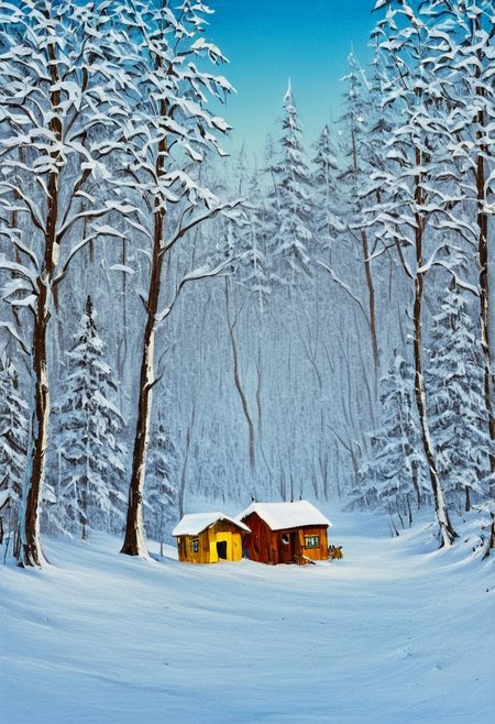 cabin in the woods, autumn leaves, vivid color, painting by bob ross <lora:bob_ross_style_10:1>, snow white and the seven minions MinionStyle