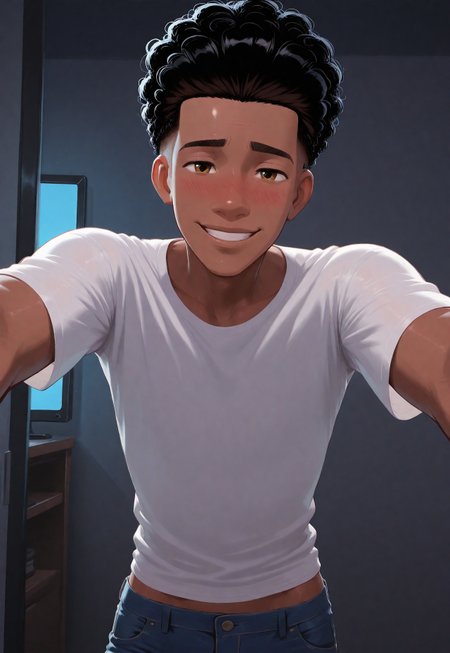 score_9, score_8_up, score_7_up, Masterpiece, Best Quality, beautiful eyes, detailed eyes, male focus, dynamic angle, dim lighting, blush lines, male focus, solo, face focus, front view, seductive smile, teeth, cowboy shot, standing,  

((male)), ((mature)), ((adult)), handsome, sexy, ((skinny)), ((slim)), ((slender)), ((twink)), white shirt, tight blue jeans,  

M1lesMorales, dark skin, black hair, curly hair, undercut, hazel eyes