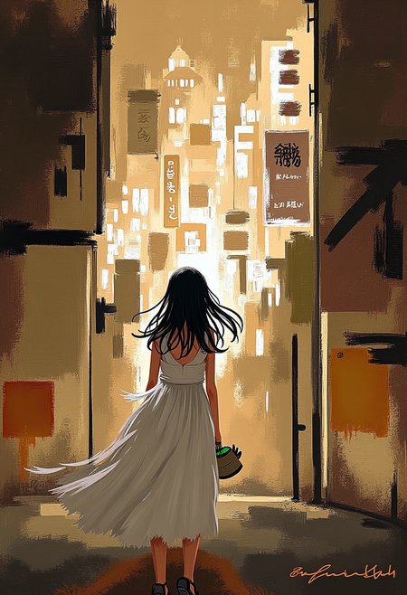 Evoke an Impressionistic approach, focusing on capturing the fleeting moment and the interplay of light and shadow. Use loose brushstrokes and a muted color palette of sepia and watercolor washes to create a dreamlike atmosphere. The cityscape becomes a hazy backdrop, emphasizing the subjectâs presence as a transient figure in the vibrant Tokyo night, a whisper of urban allure. ,<lora:flux/fav/Dark_whimsical_art.safetensors:1.0:1.0>