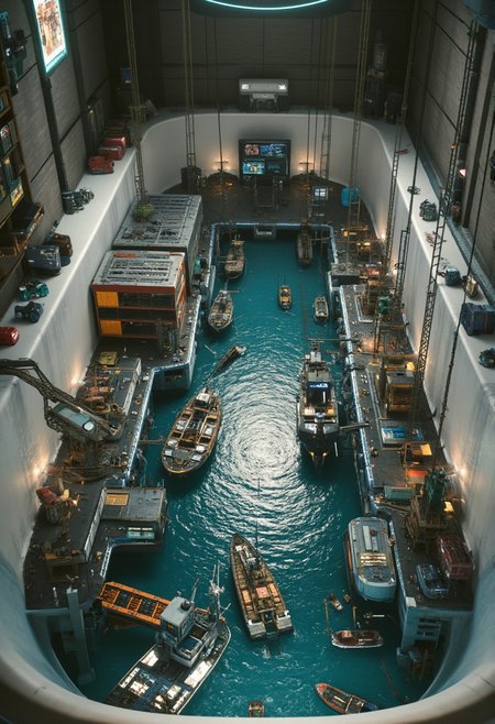 A realistic, zoomed-out photo of a cyberpunk harbor scene, but instead of being set in a real, expansive environment, the entire harbor is situated in a bathtub, giving the impression of a detailed miniature model. The harbor is complete with tiny ships, cranes, containers, and docks, all scaled down to fit within the confines of the bathtub. The water in the tub mimics the appearance of a calm sea, with gentle ripples around the miniature boats. The white porcelain of the bathtub contrasts with the intricate, realistic details of the harbor. Surrounding the bathtub are everyday bathroom items, subtly visible in the background, reinforcing the surreal setting of this miniature world.