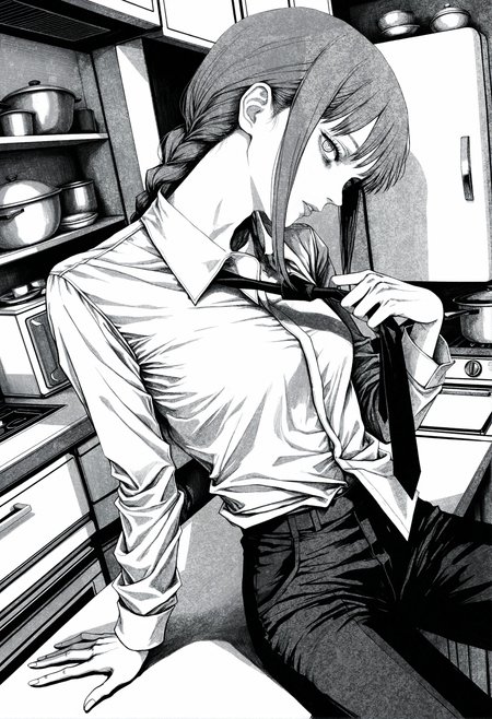 (by inoitoh:1.25), by mzet, by fujimoto tatsuki \(style\),  manga, linear hatching sketch, traditional media, official art, hatching \(texture\), dynamic pose, dynamic angle, sitting on table, dutch angle,
makima \(chainsaw man\), from side, from above, profile cowboy shot,  expressionless, parted lips, facing viewer, looking at viewer, head tilt, long fingers, relaxing, bags under eyes, nose, lips, greyscale, monochrome, shirt partially tucked in, loose collared shirt, loose necktie, necktie grab, necktie pull, black buttons, 
very awa, very aesthetic, hyper detailed, old, retro artstyle, 
indoors, kitchen, refrigerator, closet, perspective,