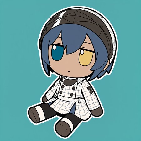 masterpiece, best quality, no humans, fumo \(doll\), solo, sitting, chibi, closed mouth, <lora:ProtagonistMR-illu:1> dfProtag, blue hair, short hair, hair between eyes, black visor \(armor\), heterochromia, yellow eyes, blue eyes, dark-skinned male, plaid coat, collared coat, white turtleneck, long sleeves, double-breasted, black gloves, black leggings, ankle boots, black footwear, aqua background, white outline