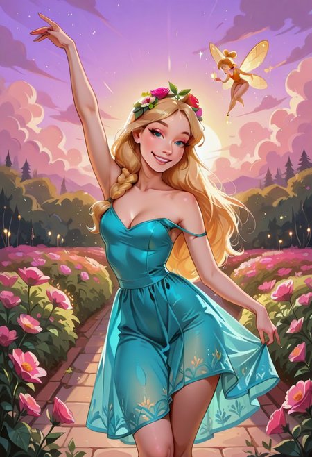 AliceWaifu, 1girl, solo, POH-Illu, flowers, hair flowers, hair ornament,
fae, fairy, playful, sexy, teasing, dancing, in a garden, sunshine, puffy clouds, hazy sunshine,
slender, long hair, braided hair,
intricate sundress, festival dress,
slender hips, tiny waist, 
strap slip, cleavage, small breasts,
masterpiece, best quality, newest, absurdres, highres, very awa