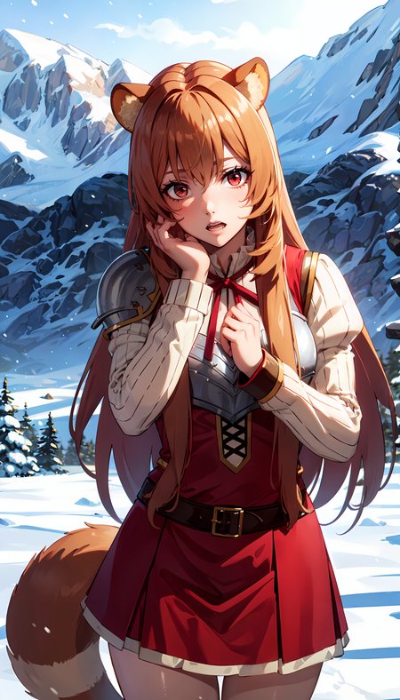 photorealistic, (4k), depth of field, (Masterpiece), (realistic skin texture), extremely detailed, intricate, hyper detailed, professional photography, bokeh, high resolution, sharp detail, best quality, girl, raccoon girl, raccoon ears, animal ears, long hair, brown hair, bangs, red eyes, armor, breastplate, sweater, ribbon, long sleeves, red dress, skirt,  <lora:GoodHands-beta2:0.8> , <lora:detail_slider_v4:0.8> , dynamic pose, hands on face,  <lora:Raphtalia:0.7>, snowy mountains, snowing, snowflakes, ice, cold, frozen, visible breath, snowstorm,