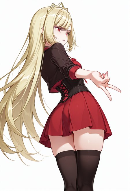 Smooth Quality,masterpiece,very intricate, high quality details, ultra realistic, high detailed skin,detailed enviorement,absurdres,
gyaru v,
 <lora:Ecute_CNR:0.8> ecute_cnr, 1girl, blonde hair, very long hair, red eyes,, simple background, white background, from behind,solo,, disgust,, jacket, ,corset top,  ,socks over thighhighs,  ,