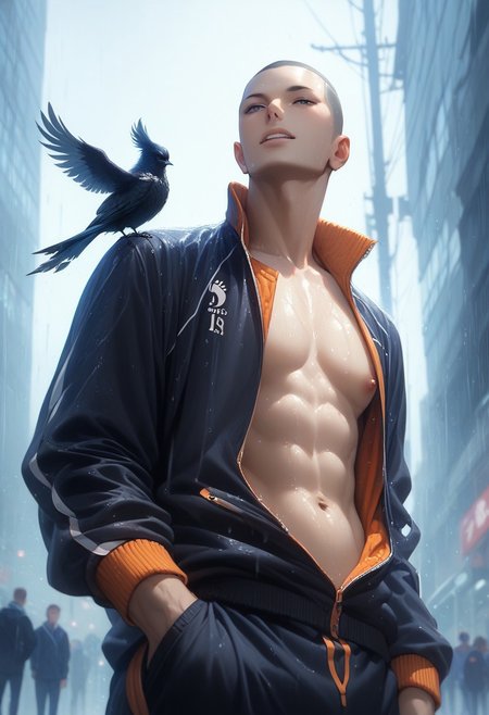 score_9, score_8_up, score_7_up, rating_explicit, crow, Tanaikyu, grey eyes, black buzz cut, 1boy, male focus, black track jacket, black track pants, nipples, navel, teeth, head tilt, open clothes, standing, cropped leg, blurry outdoor campus, cropped building, raining, orange-black color scheme, realistic lighting, Expressiveh, from below, Spirit Animal,