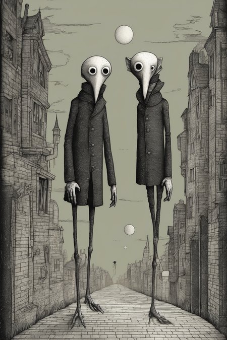 John Kenn Mortensen Style - futuristic cryptid cute style of edward gorey