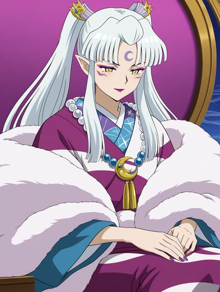 general,highres, ultra-detailed,very aesthetic,best quality ,best hands,  BREAK  <lora:Sesshomaru_no_Haha_IS:1>
Sesshomaru_no_Haha,pointy ears, japanese clothes, 1girl,solo, facial mark, kimono, white hair, long hair, yellow eyes, makeup, 
lipstick, forehead mark, crescent, necklace, fur, jewelry, purple lips, ponytail, twintails, fur trim, anime coloring, hair ornament, wide sleeves
 solo, closed eyes, sitting, parody, long sleeves
light smile,