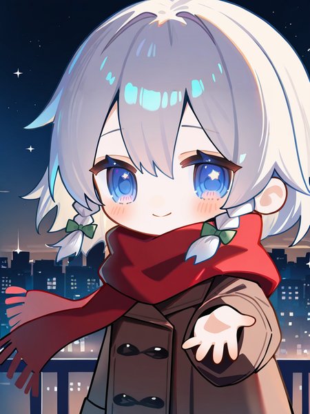 1girl,,solo,night_sky,looking_at_viewer,night,star_(sky),light_blush,shy,standing,reaching_out,beckoning,outdoors,upper body,smile,coat,red scarf,gradient_background,cityscape,city_lights,izayoi sakuya,(chibi:1.3),<lora:fanggeCL-000024>, masterpiece, best quality, very aesthetic, absurdres