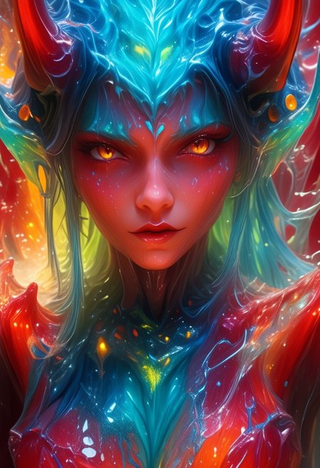 double exposure, blending, beautiful mature devil blends with fire, close-up portrait, hands hidden or out of view, FRESHIDEAS Devil girl, made of slime, sl1m3d, slime-morph.