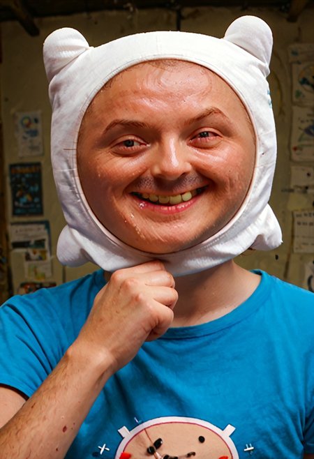 score_9, score_8_up, score_7_up,  MEATMAN f1nn4,1boy,finn the human,adventure time,solo, portrait,smile, face punch,<lora:Adventure_Time_Style_LORA:1> dot eyes, blue shirt