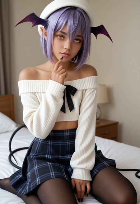 photorealistic, realistic face, realistic eyes, score_9, score_8_up, score_7_up, bedroom background,
1boy, succubus-san, demon boy, short hair, hair between eyes, bangs, hair intakes, pointy ears, head wings, dark skin, dark-skinned male, demon tail, fingernails, purple hair, yellow eyes, pantyhose, white sweater, off-shoulder sweater, sleeves past wrists, bare shoulders, long sleeves, ribbon, hat, black skirt, plaid skirt, kneeling,