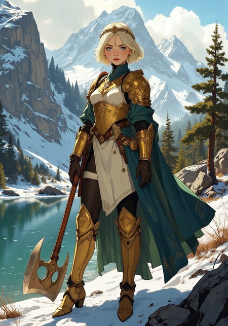 Anime art, Full-length, gorgeous fantasy blonde, naturally straight short platinum hair, tiara, tight golden armor, standing on a hill. Full, high breasts, tight waist, round thighs, blue eyes, no blush. Backdrop of fantasy highlands in winter, bright and cold winter colors, icy lakes and wooded areas, mixture of evergreen and deciduous, pixie hairstyle, diffused lighting, determined facial expression, intricate armor details. holding Two- handed Axe <lora:aidmaMJ6.1_v0.5_3:0.5>,  <lora:Anime Art V3_Flux:0.5>