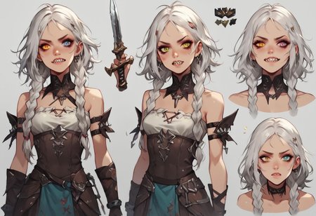 ASCII Busty, (small breasts), score_9, score_8_up, score_7_up, score_7, score_6_up,
long wild unruly hair, sharp high quality, sharp teeth, shark-like teeth, hair braids, face close up of a stunning girl with grey braided hair and , petite build,  with a braids cut hairstyle,standing in a dimly lit environment fantasy dungeon. heterochromia, one green and on amber eye, , showing teeth, mischievous, open/closed mouth, cut3ch4r, multiple views, Dagger, taloned hands, sharp talonlike nails