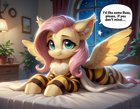 score_9, score_8_up, score_7_up, score_6_up, score_5_up, score_4_up,
source_pony, source_safe,
furry, colorful, a picture of a pegasus pony Fluttershy with big eyes wearing a bee costume with a speech bubble saying "I'd like some Buzz, please, if you don't mind..." in her bedroom,
ear fluff, fur tufts, night, stars, moon, window, plants, bed, blanket, volumetric lighting  <lora:Pony_QualityV4.0.safetensors:1.0> <lora:Pony_DetailV2.0.safetensors:1.0>