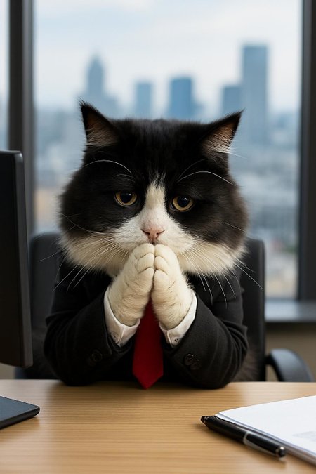 Generate me a cute, fluffy tuxedo business cat with a cute red collar and tie. Its sitting with its hands together in front of its face as it looks disappointed at the viewer. He's sitting behind a office desk in a skyrise office with a view of the city.   cute, fluffy, realistic, 8k, uhd, high quality, depth of field,