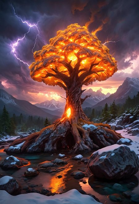 (by Ellen Jewett:1.5), (Fiery orange Bioluminescent Impressionism with lightning, mountain landscape, The Dreamland, Gibson Great  Mountains, rock, sky, giant tree, great grand tree on mountains, great fire, great lightning, scenery, great great magical tree, sunset, sunrise , stream, lightining, snow and ice, ethereal landscapes, depth of field, biotech emotion:1.3) <lora:xl_more_art-full_v1:0.5> <lora:add-detail-xl:1> , ral-wlfnte <lora:RMSDXL_Creative:2>