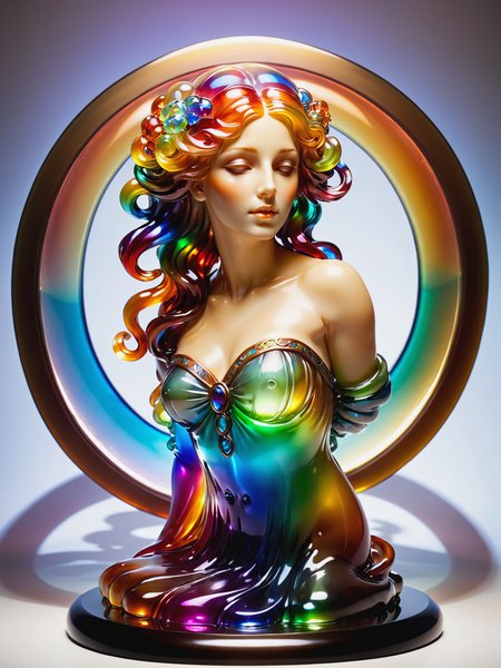 statue of a woman in the style of alphonse_mucha, rainbow colors, floating hair, spotlight,   <lora:JellyStyle:0.8>, (masterpiece:1.2), best quality