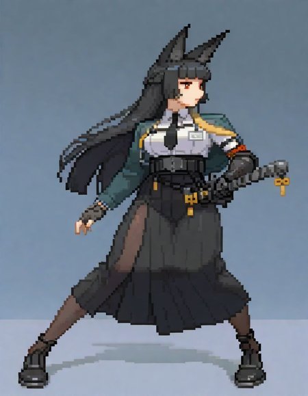 1girl, hsmyb, fox ears, red eyes, white pupils, bright pupils, black hair, long hair, blunt bangs, sidelocks, half up braid, medium breasts, <lora:Hoseki_ZenlessZoneZero_HoshimiMiyabi_IllustriousXL_v1:1>
green jacket, chest strap, id card, collared shirt, white shirt, black necktie, arm strap, high-waist skirt, black skirt, long skirt, belt, tassel, black pantyhose, single gauntlet,
single fingerless glove, black gloves,
<lora:ASF3_style-12:1> SF3XL, full body, fighting stance, from side, looking away,
holding weapon, katana, 
masterpiece, best quality,