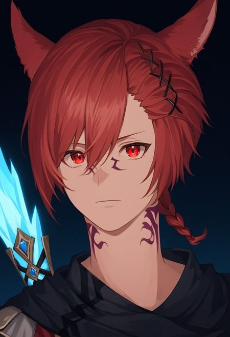 grahatiaffxivdsk, 1boy, male focus, solo, animal ears, red eyes, red hair, tattoo, miqo'te, neck tattoo, cat ears, looking at viewer, hair between eyes, facial mark, hair ornament, x hair ornament, bangs, holding, glowing, slit pupils, braid, short hair, portrait, jewelry, short ponytail, cinematic angle, cinematic lighting, best anatomy, official art, masterpiece, best quality