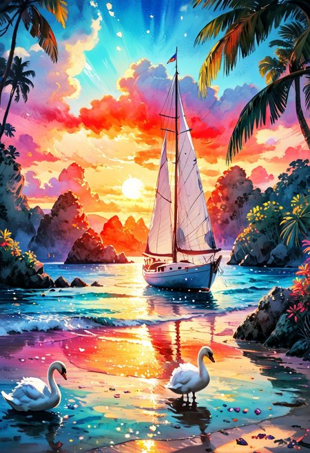fantasy. Beautiful sailboat on sparkling water on a tropical beach, sunset, swans, digital watercolor illustration of a SummerScape sunset, by Waterhouse, Carne Griffiths, stylized watercolor art, intricate, complex contrast, HDR, soft cinematic volumetric lighting, soft pastel colors, wide long shot, perfect masterpiece , detailed matte painting, deep colors, fantastic, intricate details, splash screen, complementary colors, fantasy concept art, 8K resolution trending on Artstation Unreal Engine 5, SoraSleepAI, Circle
Masterpiece, vibrant colors, very detailed, midjourneyv6.1, detail background, bright colors.  perfect, perfection, perfection style, colorful splashes, painted world