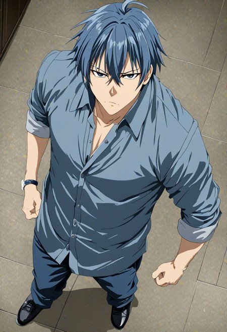 high resolution, solo, best quality, 1Boy, Tomoya Okazaki, Grey Blue Hair, casual, seen from above, gangster, dominant, intimidate, OverallDetail