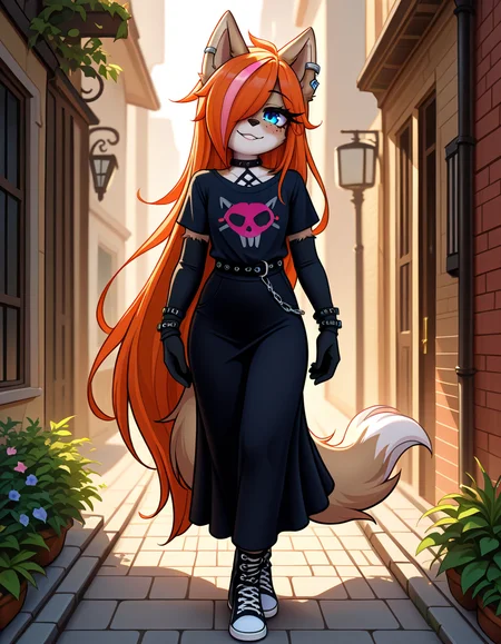 masterpiece, best quality, very aesthetic, absurdres,
outdoors,
full body, posing, 
goth fashion, 
seductive smile, parted lips, long eyelashes,
<lora:Kayla_Kitsune_v01_NAIXL:1>
K4yl4_K1tsun3,1girl,solo,furry,furry female,very long hair,multicolored hair,orange hair,pink hair,streaked hair,hair over one eye,wolf ears,earrings,blue eyes,freckles,snout,animal nose,body fur,two-tone fur,wolf tail