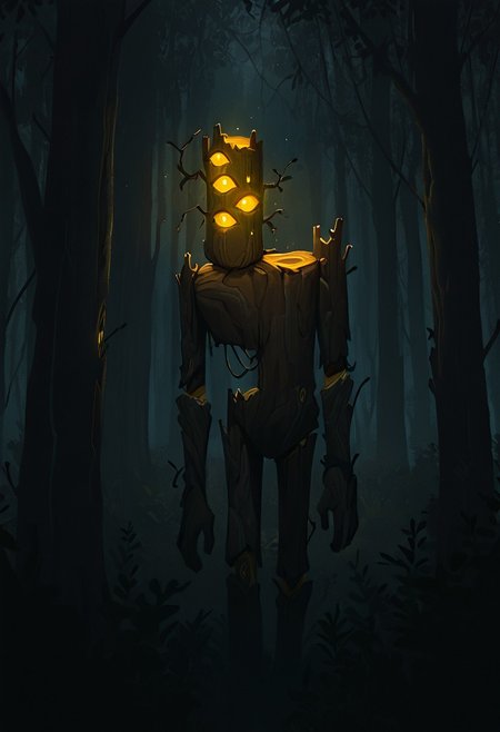 masterpiece, best quality, amazing quality, very aesthetic, absurdres, newest, cinematic, movie scene, foreground blur, volumetric lighting, 
creaking, no humans, standing, monster, glowing eyes, yellow eyes, solo, 3 eyes, yellow sclera, wooden body,
in forest, lurking behind trees, dark forest