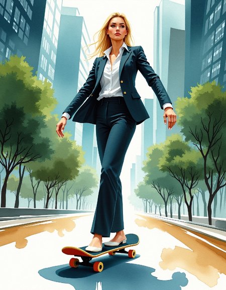 water color image on rough paper, Surreal watercolor painting depicting a rich woman in an elegant business suit riding a customized skateboard through a bustling financial district filled with stock market symbols and money trees; her confident pose showcases determination; the skateboard features metallic accents resembling corporate logos; her expression is assertive yet polished; background includes skyscrapers with windows displaying wealth indicators; subtle shading creates depth; composition challenges societal norms by merging high-end style with action sports; rich colors and detailed textures evoke a striking image. Watercolor blending, metallic skateboard design, confident businesswoman, financial district scenery.