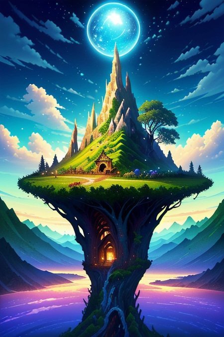 (ultra high res:1.4), (masterpiece), (beautiful lighting:1.4), clear water, beautiful sky with clouds, tree, masterpiece, pretty, surreal landscape image featuring floating islands, upside-down mountains, and unconventional flora. Include a dreamlike quality, pushing the boundaries of reality. Conjure a scene that has imaginative and otherworldly elements. big wooden bridge
