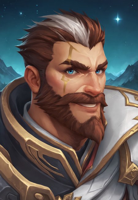 score_9, score_8_up, SentinelGraves, two-tone hair, white hair, brown hair, short hair, blue eyes, muscular, facial hair, beard, gold marks on right side of face, aiguillettes, pauldrons, armor, portrait, dynamic pose, looking at viewer, smile, detailed background, sci fi, stars, mountain range, night,