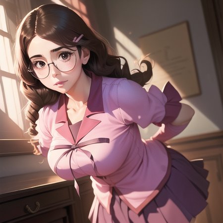 a woman,<lora:TsumasakyHanekawaTsubasa_v1:1>,

brown haired,ligtht pink school uniform,skirt,
glasses,

realistic, hyperreaistic,soft shadows,