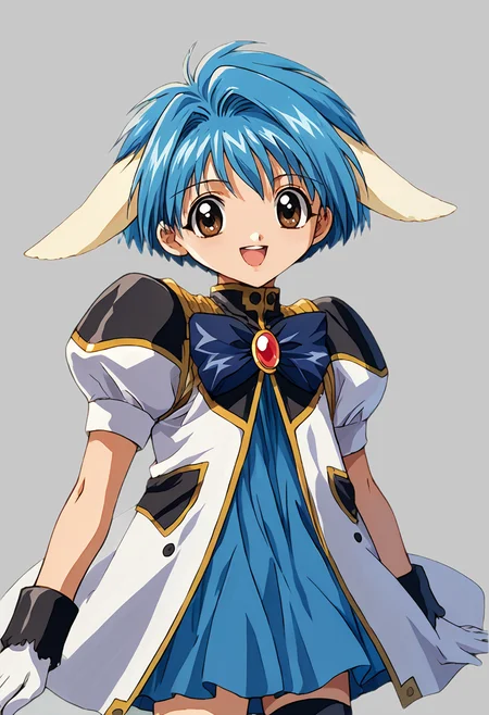 score_9, score_8_up, score_7_up, rating_safe, source_anime BREAK 1girl, solo, ga_mint,  (1990s\(style)\:0.3), short, petite, kawaii, cowboy shot, upper body, military uniform, blue bowtie, brooch, white gloves, blue skirt, black thighhighs, blue hair, extra ears, animal ears, short hair, bangs, brown eyes, looking at you, smile, open mouth, simple background <lora:ga_mint:1> <lora:cnv3mdde878c738thn20:0.5>