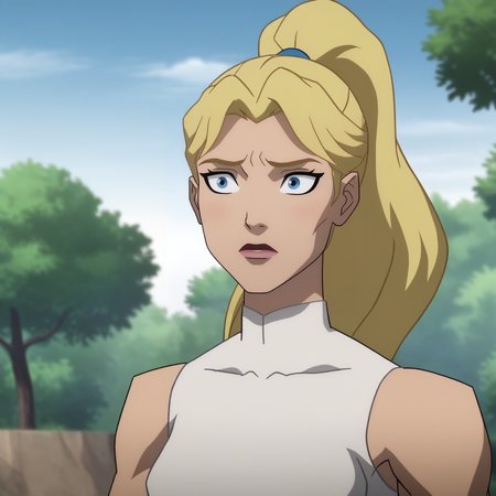 Ugly score_9_up, score_8_up, BREAK, DCAMU, 1girl, solo, blonde hair, high ponytail, blue eyes, white dress, upper body,  <lora:DCAMU_Style_PXL_Leaf2:1>, outdoors, blue sky,