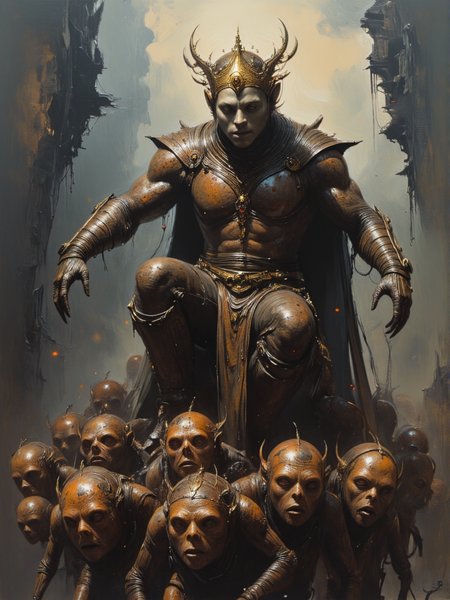 high-resolution medieval fantasy scene featuring a strong, muscular goblin wearing an ornate, lavish golden crown. The goblin  is sitting on an open palanquin, carried by a group of lower-ranking goblins, and is facing directly toward the viewer with a smug, commanding expression. The goblin king's robes are regal, contrasting with the struggling, suffering goblins beneath him. In the lower left and right corners, the goblins carrying the palanquin have pained, grotesque expressions, showing the strain of their burden as they march forward. <lora:artisketchyfs-v02:1> <lora:ARTifacts:1> <lora:style_of_John_Kenn_Mortensen_FLUX_219:1>