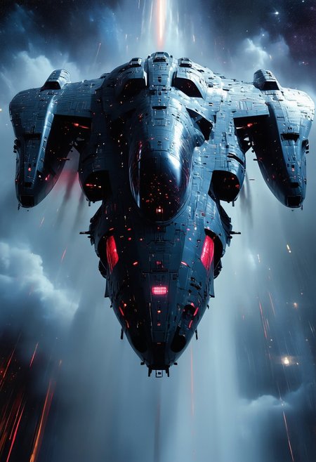 silhouette art, chiascuro, cyberpunk, an armored futuristic spaceship, adorned with intricate, metallic details, with glowing red diodes and LEDs, illuminated cockpit, flying rapidly through a dark, space background with motion blur, viewed diagonally from the front, directional lighting, silhouetted, light hitting one side, inkwash image
