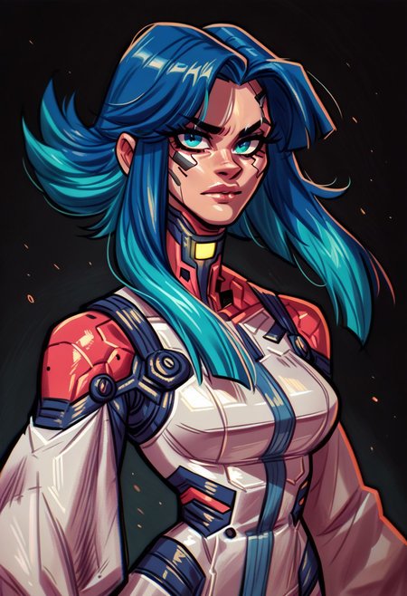 score_9, score_8_up, score_7_up, score_6_up, 1girl, BREAK,
 Ra3lyn,  Cyberpunk Style, masterpiece, best quality, good quality, very aesthetic, absurdres, newest, 8K, depth of field, half-face demon, focused subject, portrait, dynamic angle, action shot, 1girl, solo, medium hair, split hair, split-color hair, two tone hair, blue hair, red hair, (low-tied_long_hair), front locks, twin locks, front locks, white clothing, looking at viewer, fierce look, organic, the cyborg is very sinister and dangerous, cross_draw, glowing katana, thermal katana, sword_draw, iaido, one_hand_on_sheath, unsheathing, duality, light and shadow, dark and bright
in the style of cksc, upside-down，handstand, zPDXL