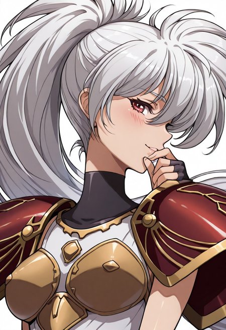 masterpiece,best quality,amazing quality,
1girl,solo,<lora:luna_ilxlv1:1>,Luna,white hair,red eyes,hair ornament,ponytail,l_clothes,shoulder armor,
<lora:Fixhands_anime_bdsqlsz_V1:1>,looking_at_viewer,upper_body,face_focus,dynamic_angle,cinematic_angle,smile,light_blush,white_background,simple_background,hand to own mouth,profile,