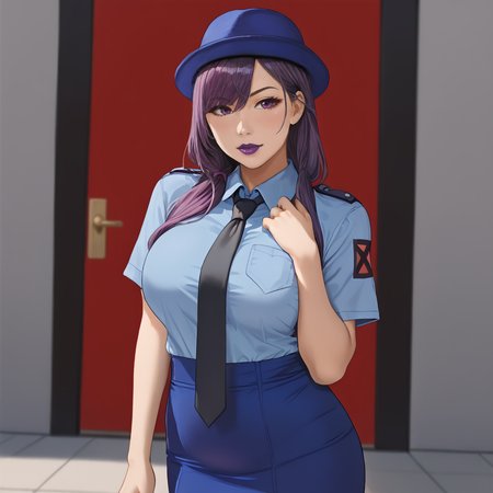 <lora:psylocke_pony_v1:1> PsylockeMarvel, 1girl,  purple hair, long hair, large breasts, purple eyes, asian,  makeup, purple lipstick,eyeshadow, cowboy shot,  <lora:0820 tokisaki kurumi policewoman fan costume_v1_pony:1> ruanyi0820,black necktie,blue hat,blue shirt,blue skirt,black pantyhose,short sleeves