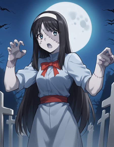 score_9, score_8_up, score_7_up, source_anime, <lora:carnivalphantasm-akiha-toono-ova-ponyxl-lora-nochekaiser:1>, akiha toono, tohno akiha, long hair, blue eyes, black hair, hairband, white hairband, medium breasts,, <lora:zombie-ponyxl-lora-nochekaiser:1>, zombie, colored skin, stitches, grey skin, multicolored skin, stitched face, zombie pose, halloween, halloween costume,, night, moon, graveyard, tombstone, grave, open mouth, , dutch angle, cowboy shot