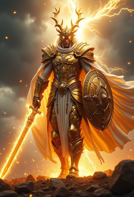 A hyper-detailed, breathtaking depiction of Pallaxs, a legendary warrior and leader. He stands tall, clad in radiant golden armor forged from the shimmering scales of a dragon, each scale reflecting light with an ethereal brilliance. His powerful form is illuminated by the divine glow of the gods’ blessing, casting a warm, otherworldly aura. In his hands, he wields a massive longsword crackling with lightning and sparks, its energy arcing to the ground, and a majestic shield emblazoned with celestial symbols. A pristine white cape billows behind him, carried by an unseen force of power and authority. The backdrop features a storm-lit battlefield, with dark clouds pierced by rays of divine light, highlighting his presence as a savior and champion. Every detail is captured with 8K realism, from the textures of his armor to the crackling energy of his blade, creating an awe-inspiring, unforgettable image.