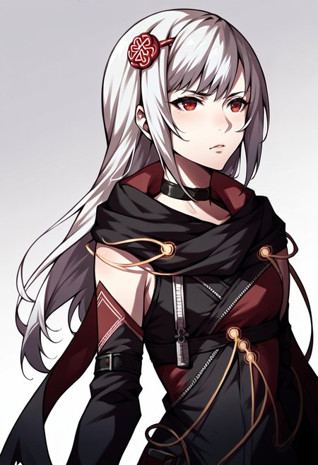 score_9, score_8_up, score_7_up, source_anime, 1girl, <lora:zs_AwakeningPortraitsXL:1> awakeningportraits, portraits, white background, <lora:KasaneSN-pdxl:1> defKasane, long hair, hair ornament, choker, black jacket, black scarf, red cape, detached sleeves, cables, red gloves, fingerless gloves